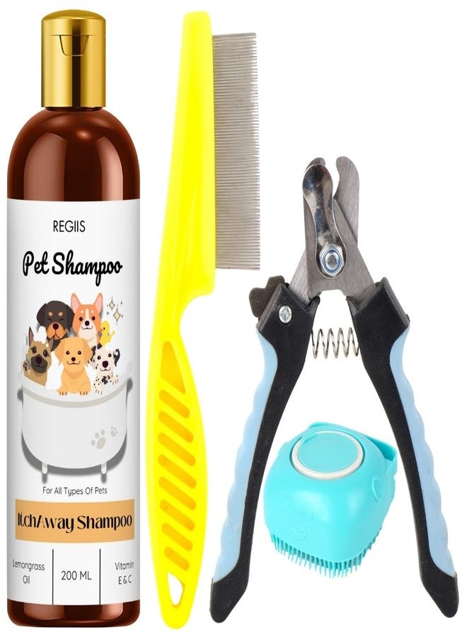 مجموعة العناية بالحيوانات الأليفة مع مقص أظافر وشامبو مضاد للحكة، 200 مل، مع زيت عشبة الليمون والفيتامينات (عبوة من 4 قطع) - Image 1